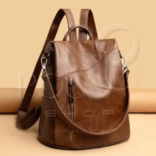 Iris Genuine Leather Backpack | Anti-theft & Patchwork | Poupou Shop